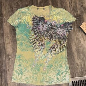 Y2K rhinestone tye dye cross angel wing tee woman’s large